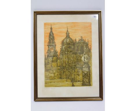 RICHARD BEER ( LATE 20TH CENTURY ENGLISH SCHOOL) Santiago II, coloured etching, Artist's proof, signed and inscribed in penci