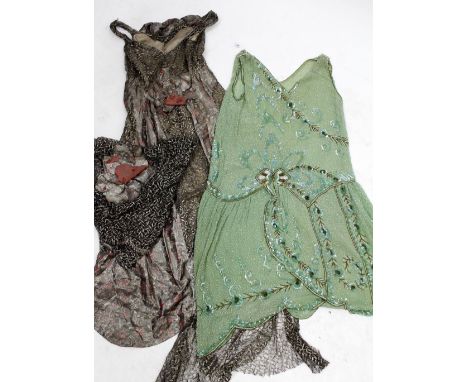 AN EARLY 20TH CENTURY VINTAGE SEQUIN AND BEADWORK APPLE GREEN EVENING DRESS and one other (2)