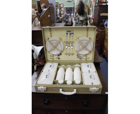 A VINTAGE BREXTON PICNIC HAMPER with thermos drinks flasks 