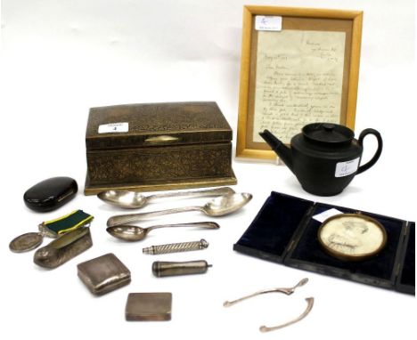 AN ORIENTAL BRASS BOUND CIGARETTE BOX together with an Efficient Service Medal awarded to Corporal Hamilton of the WRAC, two 