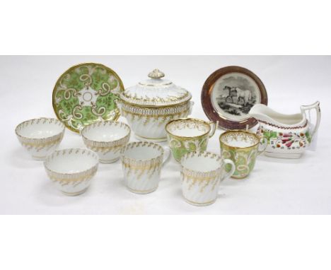 A PART ANTIQUE ENGLISH PORCELAIN TEA SET, an early 19th century Staffordshire jug and, Chamberlain's Worcester sugar box and 