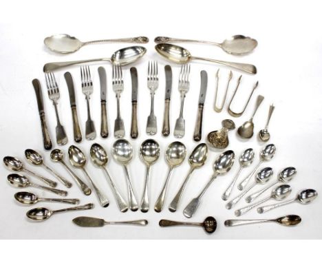 A SELECTION OF SILVER FLATWARE including a pair of silver serving spoons by J Dixon, three small fruit spoons, salt and musta