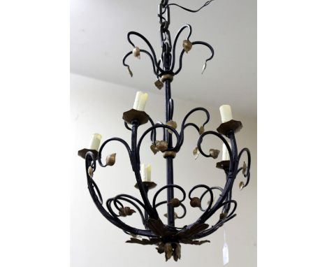 AN OLD WROUGHT IRON FIVE LIGHT ELECTROLIER, 60cm high