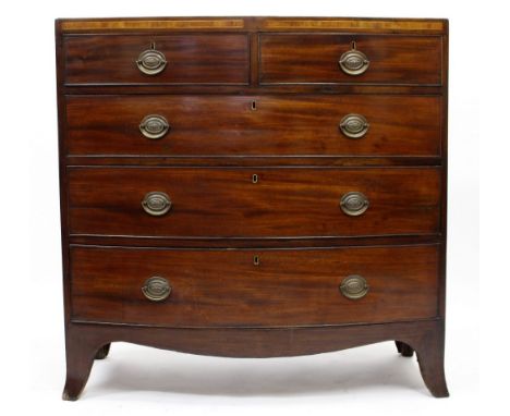 A GEORGE III BOW FRONTED MAHOGANY CHEST OF TWO SHORT AND THREE LONG DRAWERS on splaying bracket feet, 105cm wide x 105cm high