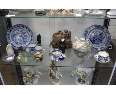 A SELECTION OF CHINESE BLUE AND WHITE PORCELAIN including hexagonal plates, tea bowls, saucers, a soapstone brush pot with el