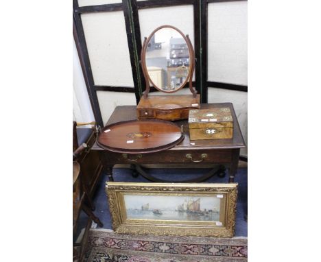 T D HARDY PRINT in gilt frame, an Edwardian mahogany ovoid galleried tray, a crossbanded satinwood inlaid toilet mirror and a