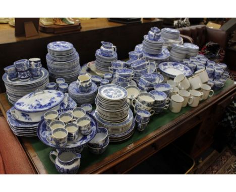 A LARGE COLLECTION OF BLUE AND WHITE CHINA including Minton Tazza, Italian Spode table service, cups and saucers, Flo blue wa