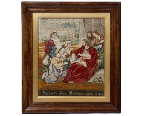 A BERLIN WOOLWORK TAPESTRY PICTURE, dated 1832, entitled 'Elizabeth Ellen', 48cm x 38cm
