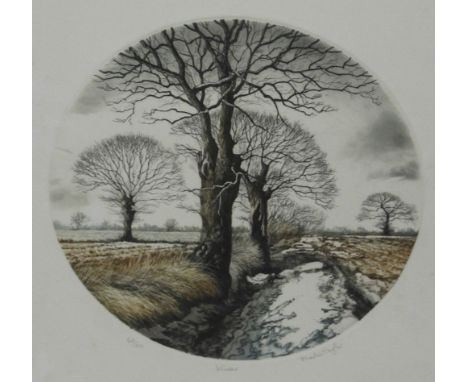MARTIN TAYLOR (20TH CENTURY ENGLISH SCHOOL) 'Winter', hand coloured etching, signed, inscribed and numbered 60/150 in the mar