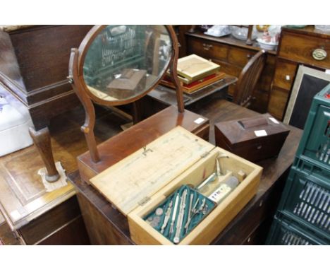 A 19TH / 20TH CENTURY HANDMADE CARPENTERS STATIONERY BOX including technical drawing set and rulers, a Regency mahogany sarco