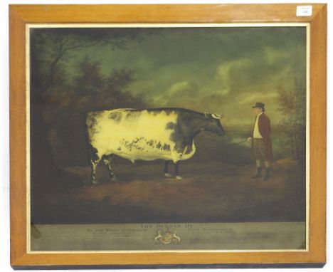 A DECORATIVE PRINT DEPICTING THE DURHAM OX, 61.5cm x 70cm together with a further print depicting the East Indiaman 'The Earl