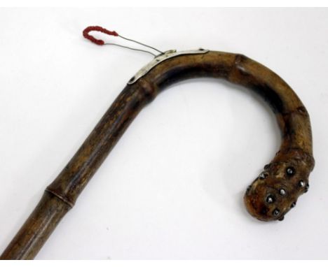 AN OLD HORSE MEASURING WALKING STICK with silver mounts