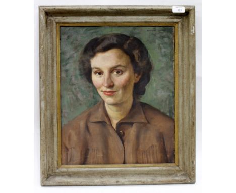 ARNOLD HENRY MASON (1885-1963) Bust length portrait of a lady in a brown blouse, oil on canvas, signed and dated '56 upper ri