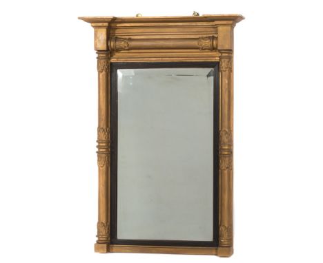 A 19th Century later gilt decorated pier mirror:, the cornice of recessed breakfront outline, the rectangular bevelled plate 