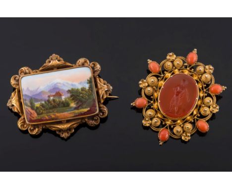 A late 19th century gold, cornelian and coral oval brooch: with central oval cornelian intaglio, 23.5mm long, depicting a sol