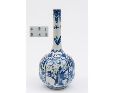 A large Chinese blue and white bottle vase: painted with mothers and their children in fenced gardens within lotus shaped pan