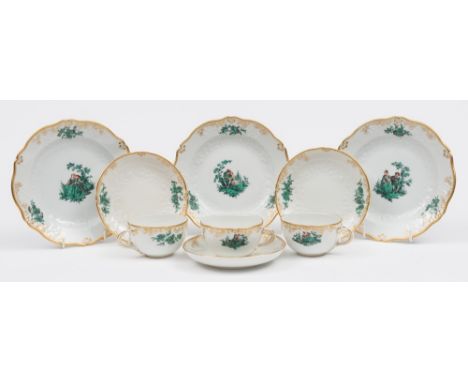 A Meissen porcelain tea service: comprising eight cups, eight saucers and eight side plates moulded in low relief with flower