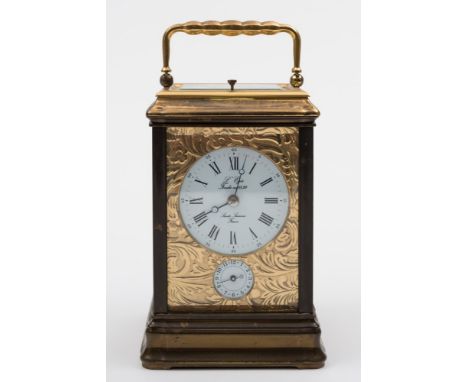 L'Epee, a modern carriage clock: the eight-day duration movement striking the hours and half-hours on a gong, with a platform
