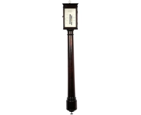 Whitehurst, Derby, a mahogany stick barometer: the tapering column flat-top trunk surmounted by a rectangular silvered dial e