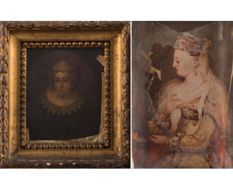 German School, Circa 1800-
Portrait of a lady, bust-length, wearing a lace ruff and bonnet:-
oil on copper
oval, 11 x 9.5cm, 