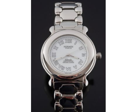Hermes. A gentleman's stainless steel 'Kepler' chronometer wristwatch: the circular white enamel dial with 'Hermes Paris Auto