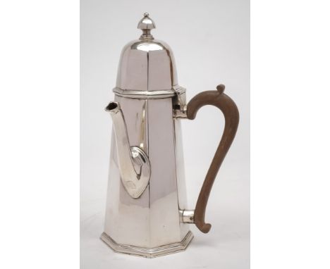 A George V silver coffee pot, maker AS, London, 1912: of octagonal tapering form, with domed hinged lid having a shaped finia