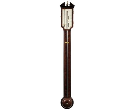 P. Gally, London, a mahogany stick barometer: the silvered dial having curved lower corners and engraved with a typical barom