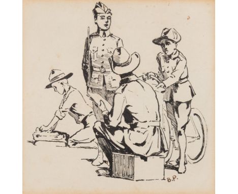 Lord Robert Baden-Powell [1857-1941]-
Lord Cecil with boy messengers in Mafeking, 1908:-
signed with initials, 
pen and ink d