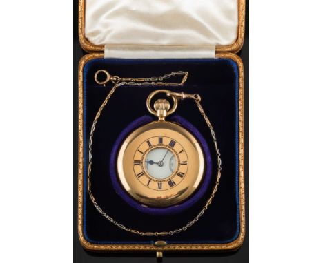 J. W. Benson. A gentleman's 18ct gold, half hunter pocket watch: the white enamel dial with Roman numerals, subsidiary second