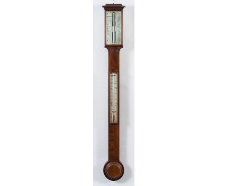 Salom & Co, Edinburgh & London: a flat-top mahogany stick barometer with a turned cistern cover to the base, the two bone dia