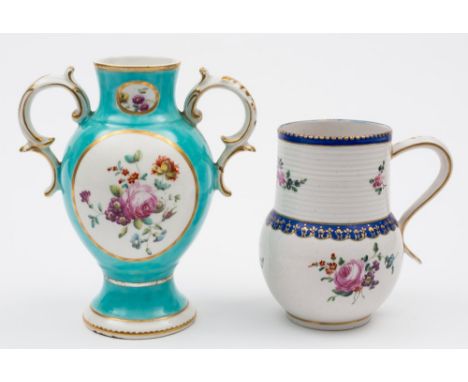 A Derby two-handled vase and a Derby mug: the vase with double scroll handles and painted in the style of Withers with floral