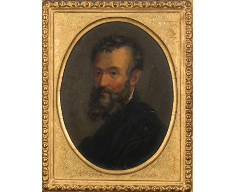 After Buonarroti Michelangelo [19th Century]-
Self-portrait, bust-length:- 
oil on board
oval, 26 x 20cm, in a Florentine car