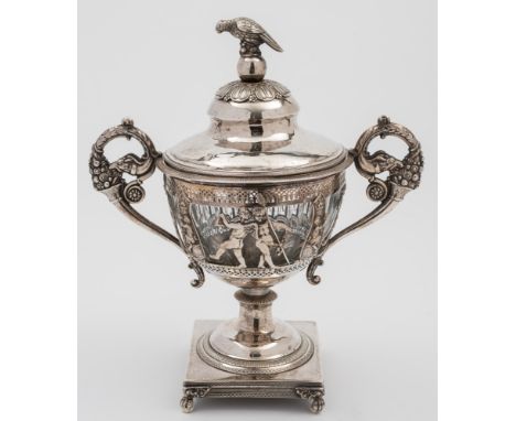 An Austro-Hungarian silver two-handled vase and cover, maker JA: of neo-classical outline, the domed cover with parrot finial