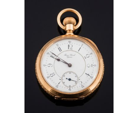James Borel Geneva. A gentleman's 18ct gold keyless lever openface pocket watch: the signed circular white enamel dial 43mm d