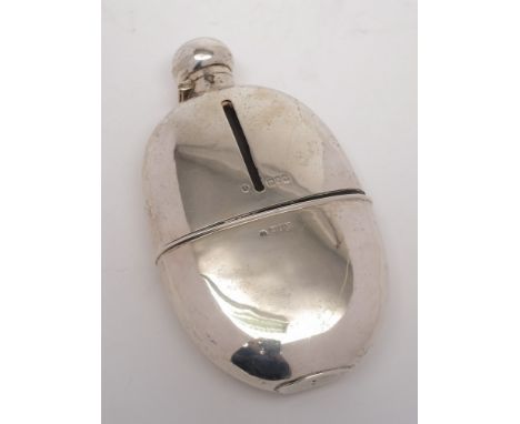 A large Edward VII silver spirit flask, maker William Hutton & Sons Ltd, London, 1905: of oval form with hinged lid and remov