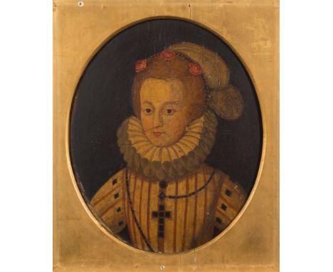 French School [17th Century]-
Portrait of a young girl, thought to be Mary Queen of Scots aged 17 years:-
oil on panel
oval, 