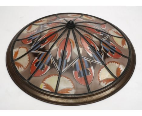 An Art Deco influence painted glass circular ceiling light shade: with geometric pattern decoration in blue, red, orange and 