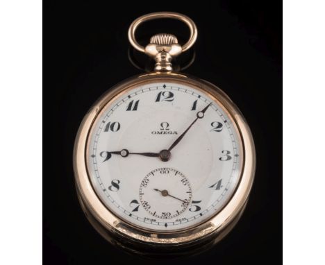 Omega. A keyless lever open face pocket watch: the circular, white enamel dial 37.5mm diameter with Arabic numerals and subsi