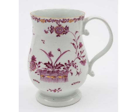 A Derby bell-shaped mug: with scroll handle, painted in puce monochrome and gilt  with an oriental-style banded hedge and flo