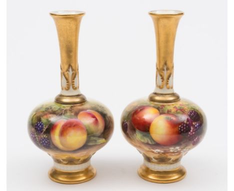 A pair of Royal Worcester porcelain vases: of globular form with raised flaring necks, enamelled with apples, blackberries an