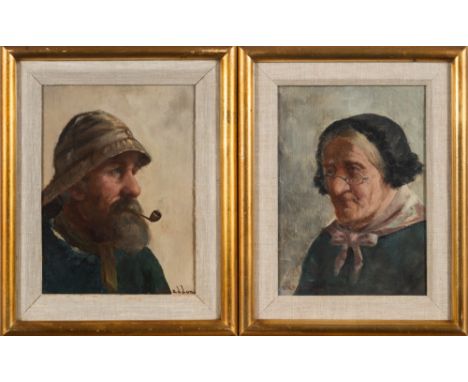 David W. Haddon [ fl.1884-1914]-
A portrait of a fisherman and a companion of a fishwife wearing a green shawl:-
a pair, each