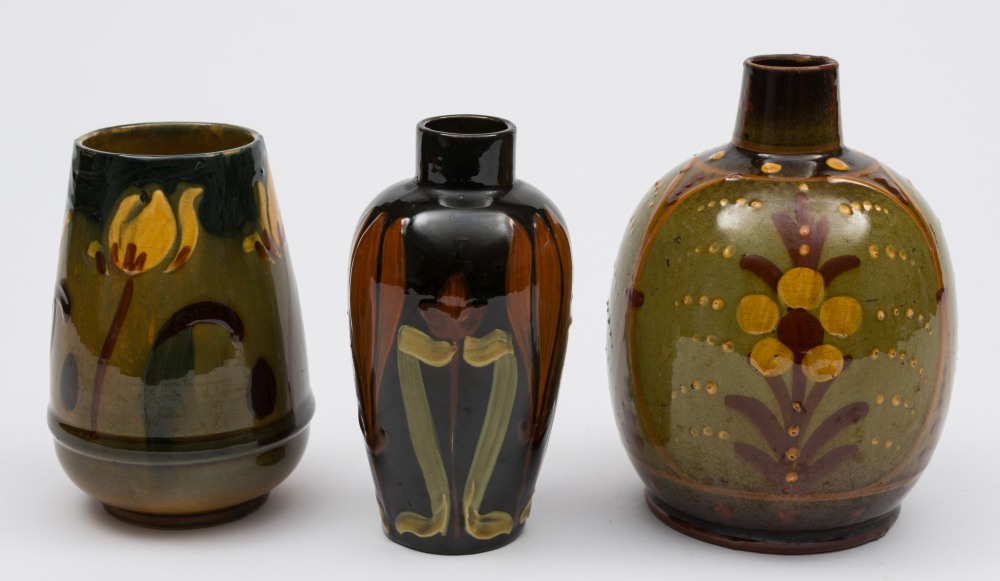 Three Wardle pottery vases probably by Frederick Hurten Rhead, one of