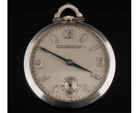 Patek-Philippe, A platinum, iridium and diamond pocket watch: the brushed silvered dial having the Arabic and baton numerals 
