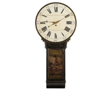 Jeremiah Day, London a lacquered tavern clock: the eight-day duration 'A' frame, weight-driven movement with five-leaf pinion