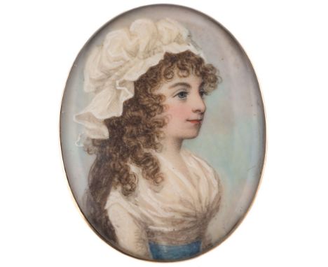 Circle of Andrew Plimer [1757-1822]-
A miniature portrait of a young lady:
bust-length, with long brown curling hair and wear