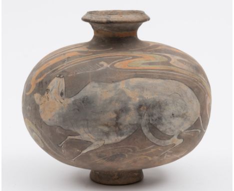 A Chinese painted pottery cocoon jar: with flared neck and footrim, the ovoid body painted with scrollwork and on one side wi