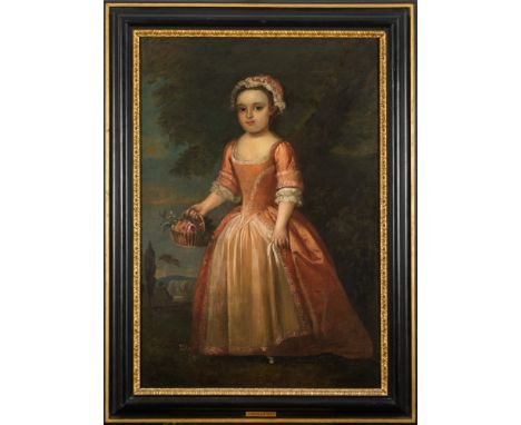 Circle of Thomas Hudson [1701-1779]-
Portrait of a young girl, full-length standing, wearing a long pink dress and lace bonne