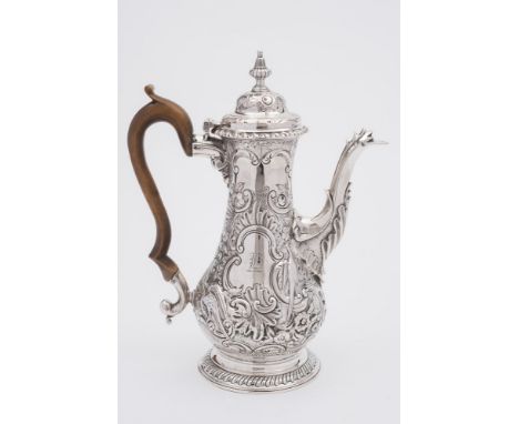 A George III silver coffee pot, maker W & J Priest, London, 1767: initialled, of baluster form, the domed hinged lid with urn