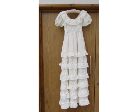 LAURA ASHLEY ivory cotton tiered frill full length dress with short puff sleeves and sash, accompanied with " Brides" magazin