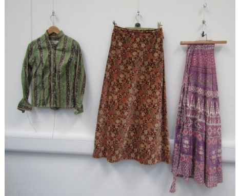 Two printed cotton + velvet full length wrap around skirts, Debenhams + Adini labels , a Daks green pattern striped ladies sh